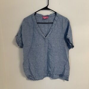 Isaac Mizrahi Women's Blue Blouse Top 100% Linen Shirt Size Medium Loose Fit